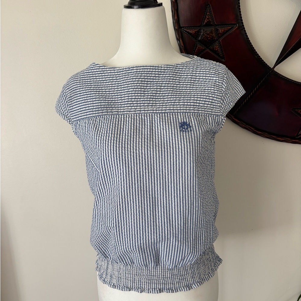 Green Cotton Striped Blue and White Seersucker Women'sCoastal Grandma CottonSz S